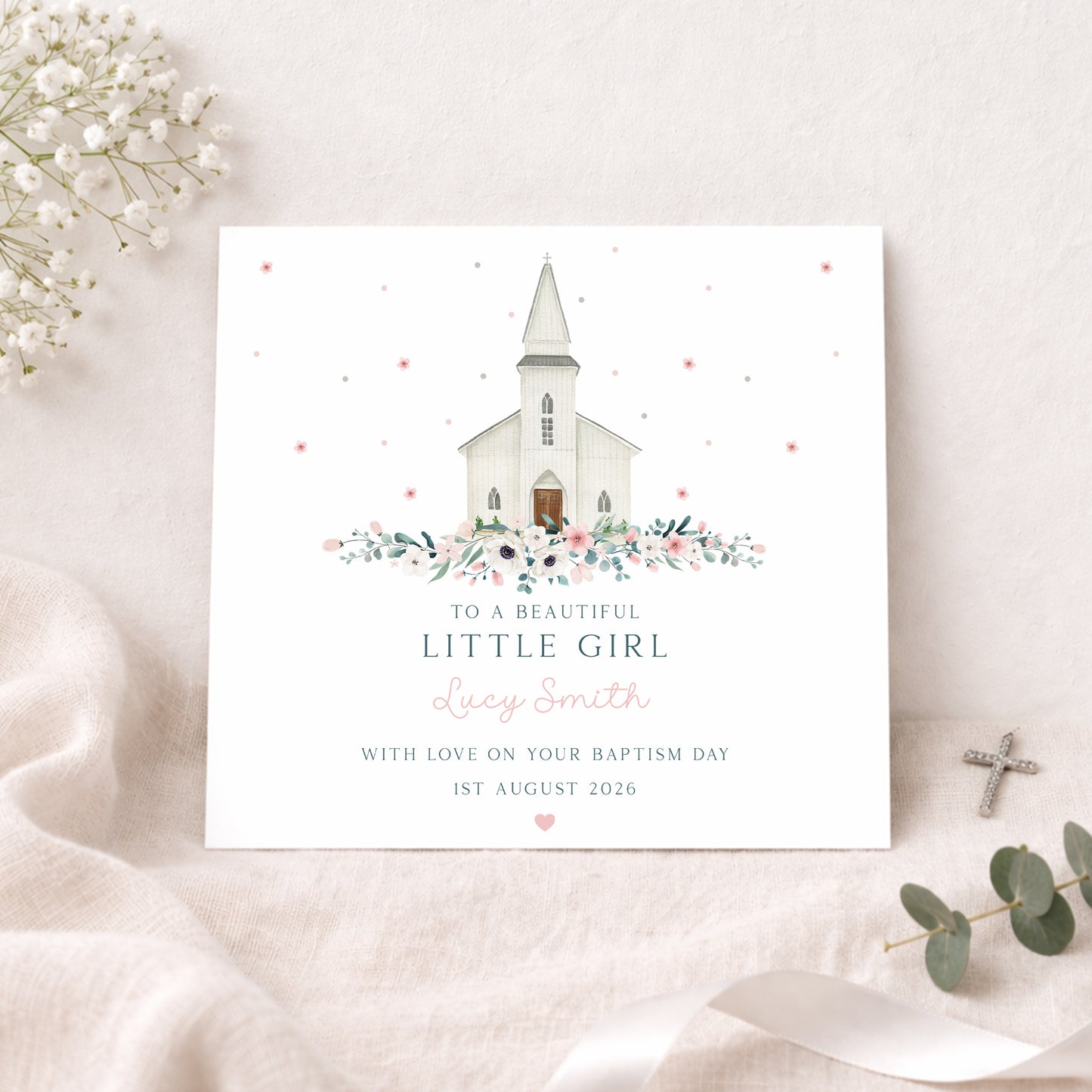 Personalised Christening, Baptism, Dedication Day Card, Floral Church