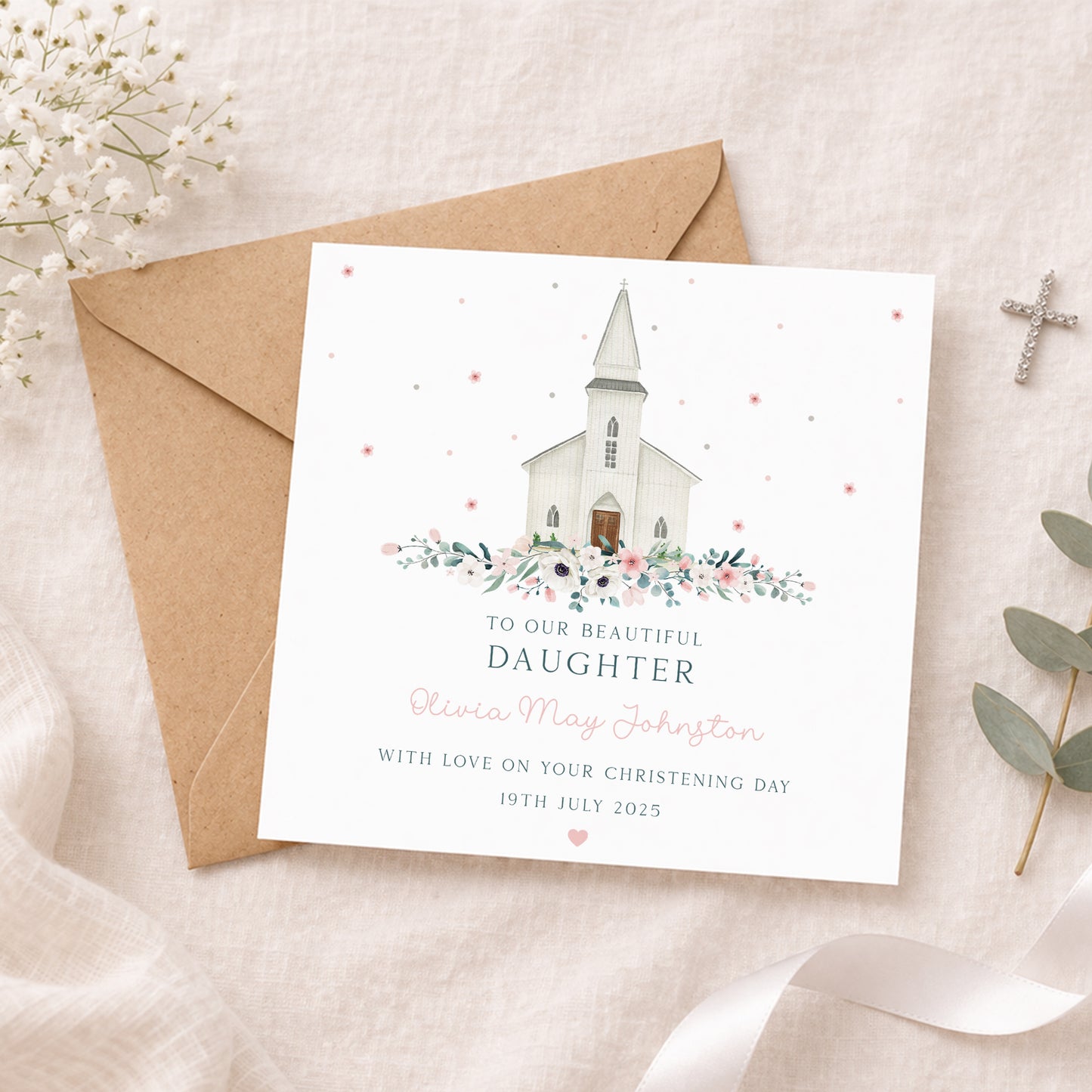 Personalised Girl's Christening, Baptism Wrapping Paper - Floral Church