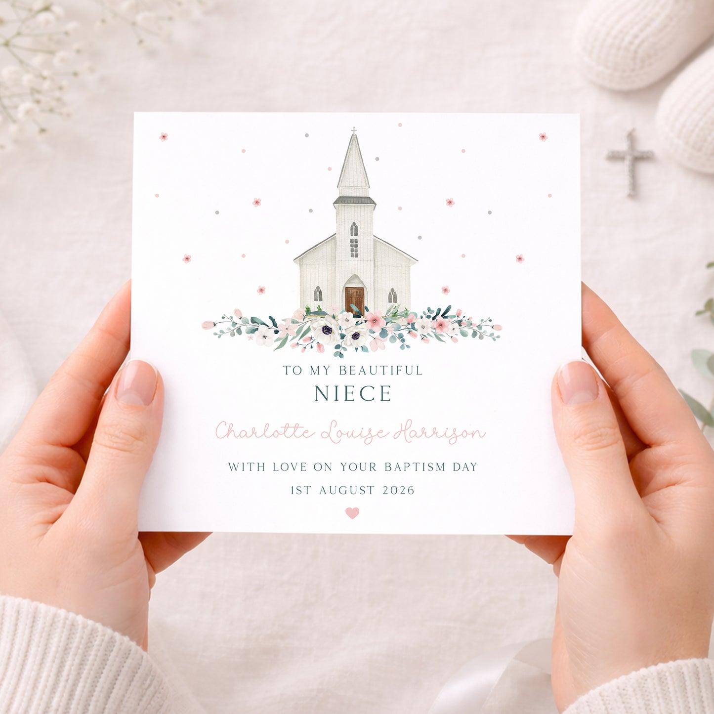 Personalised Girl's Christening, Baptism Wrapping Paper - Floral Church