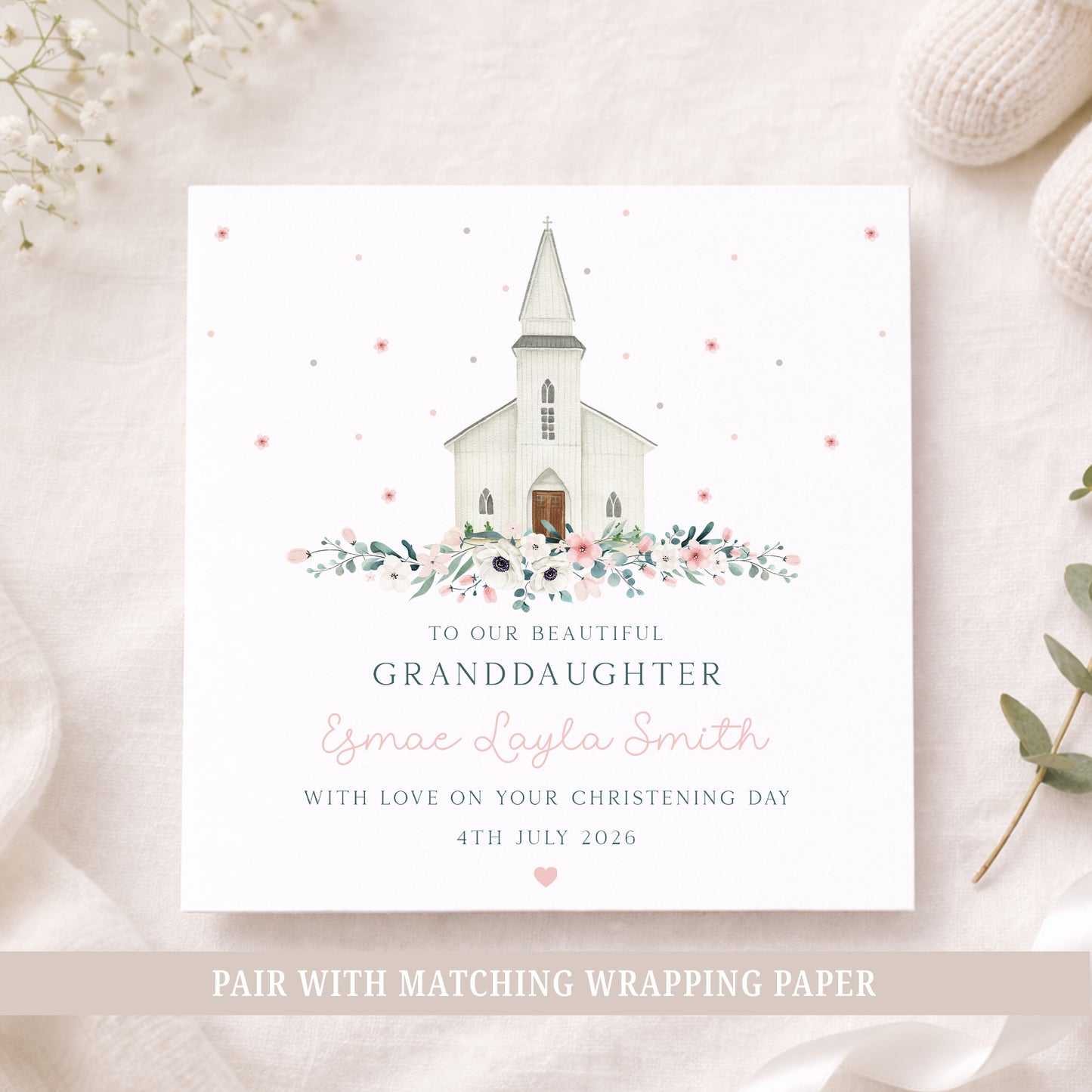 Personalised Christening, Baptism, Dedication Day Card, Floral Church