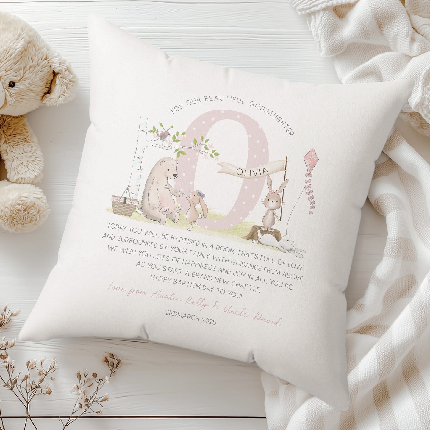 Personalised Pink Cushion,  Goddaughter Christening Gift, Goddaughter Baptism Gift