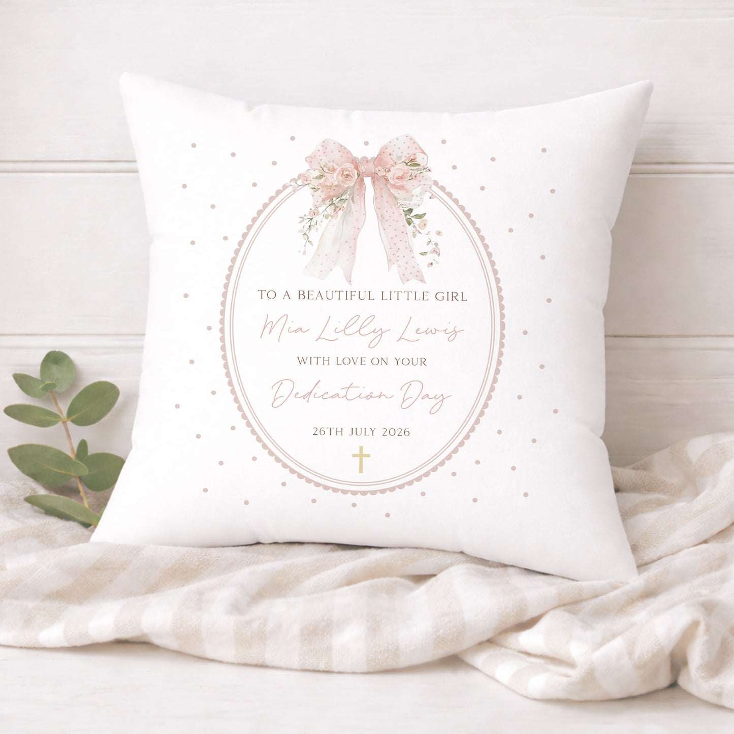 Personalised Floral Pink Bow Christening Baptism Cushion