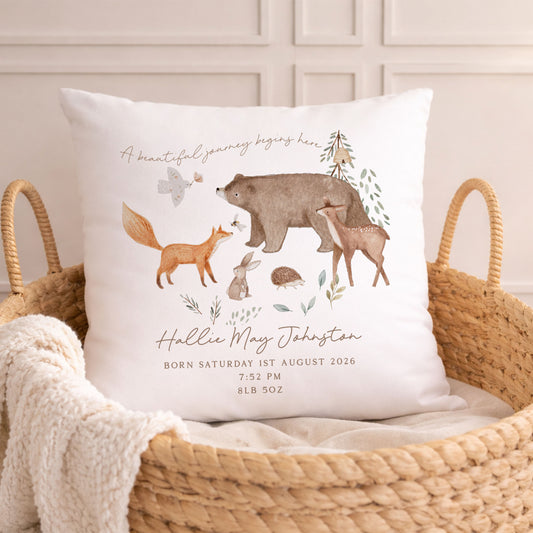 Personalised Woodland Baby Birth Cushion