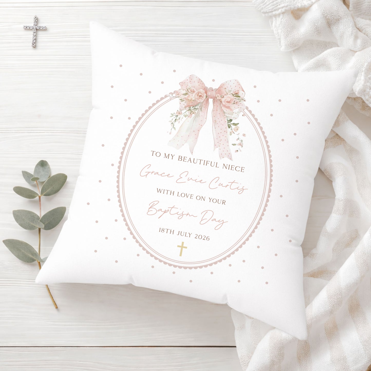 Personalised Floral Pink Bow Christening Baptism Cushion