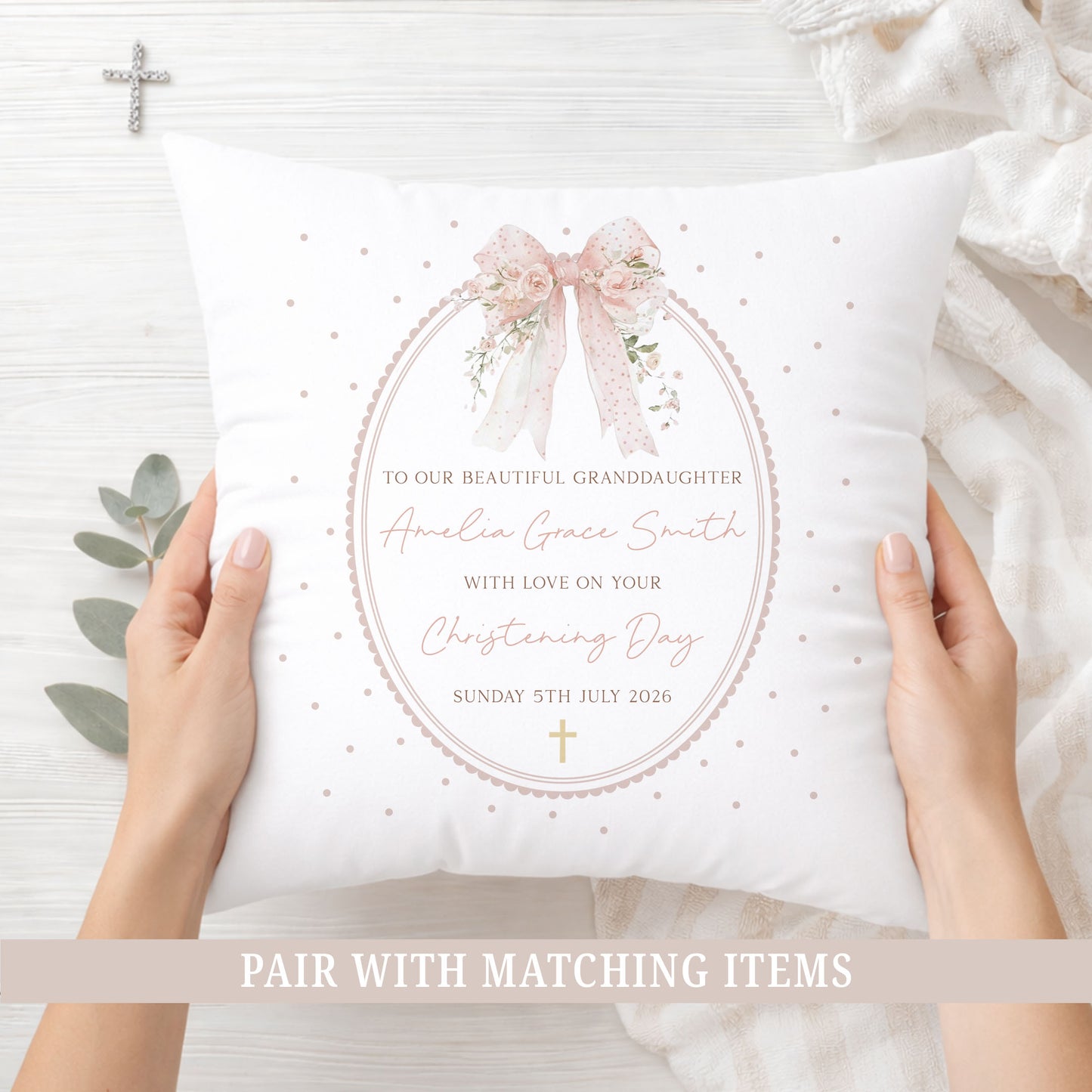 Personalised Floral Pink Bow Christening Baptism Cushion
