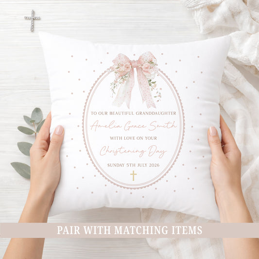 Personalised Floral Pink Bow Christening Baptism Cushion