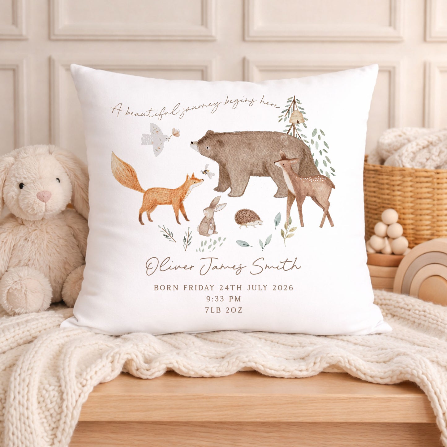 Personalised Woodland Baby Birth Cushion