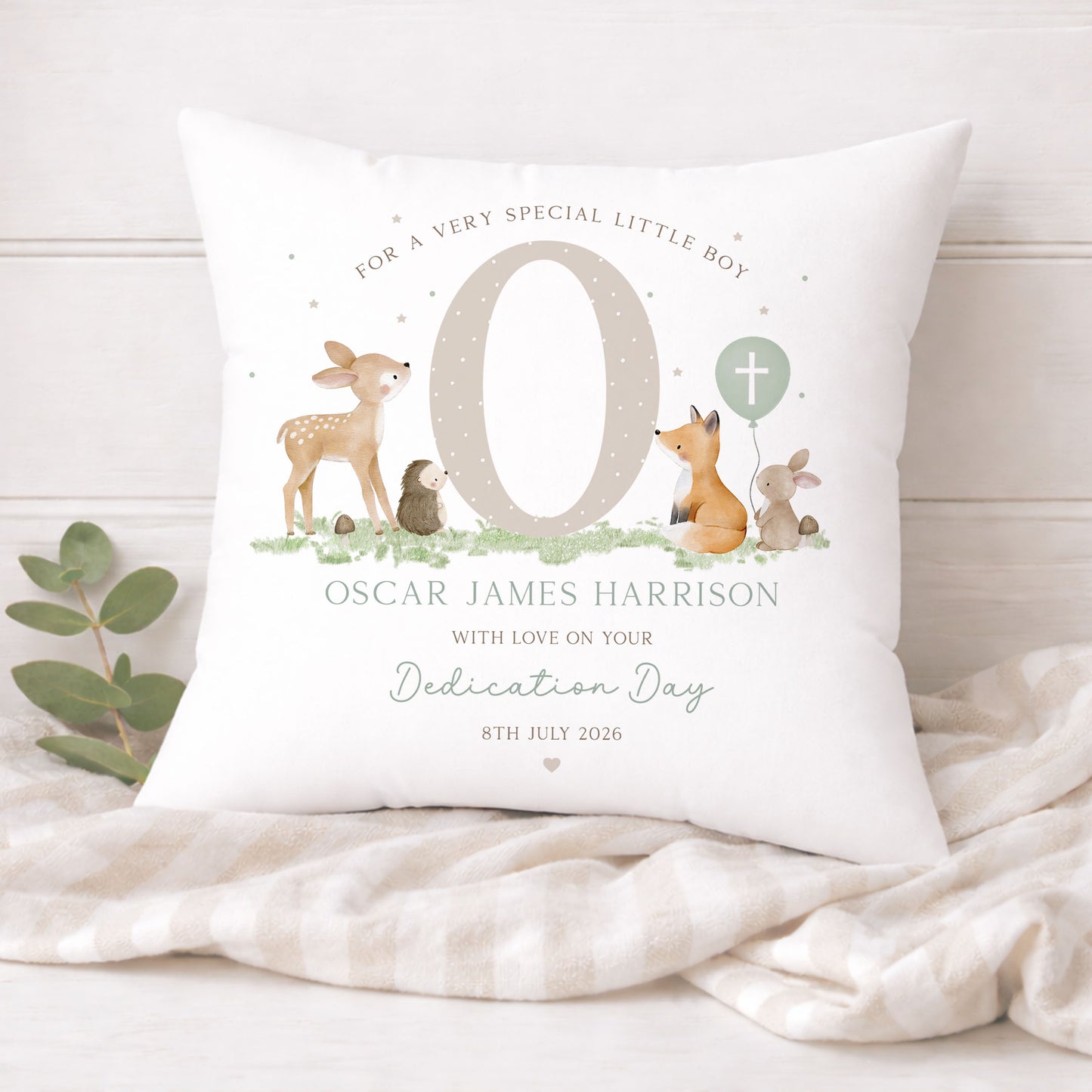 Personalised Boy's Woodland Christening Baptism Cushion