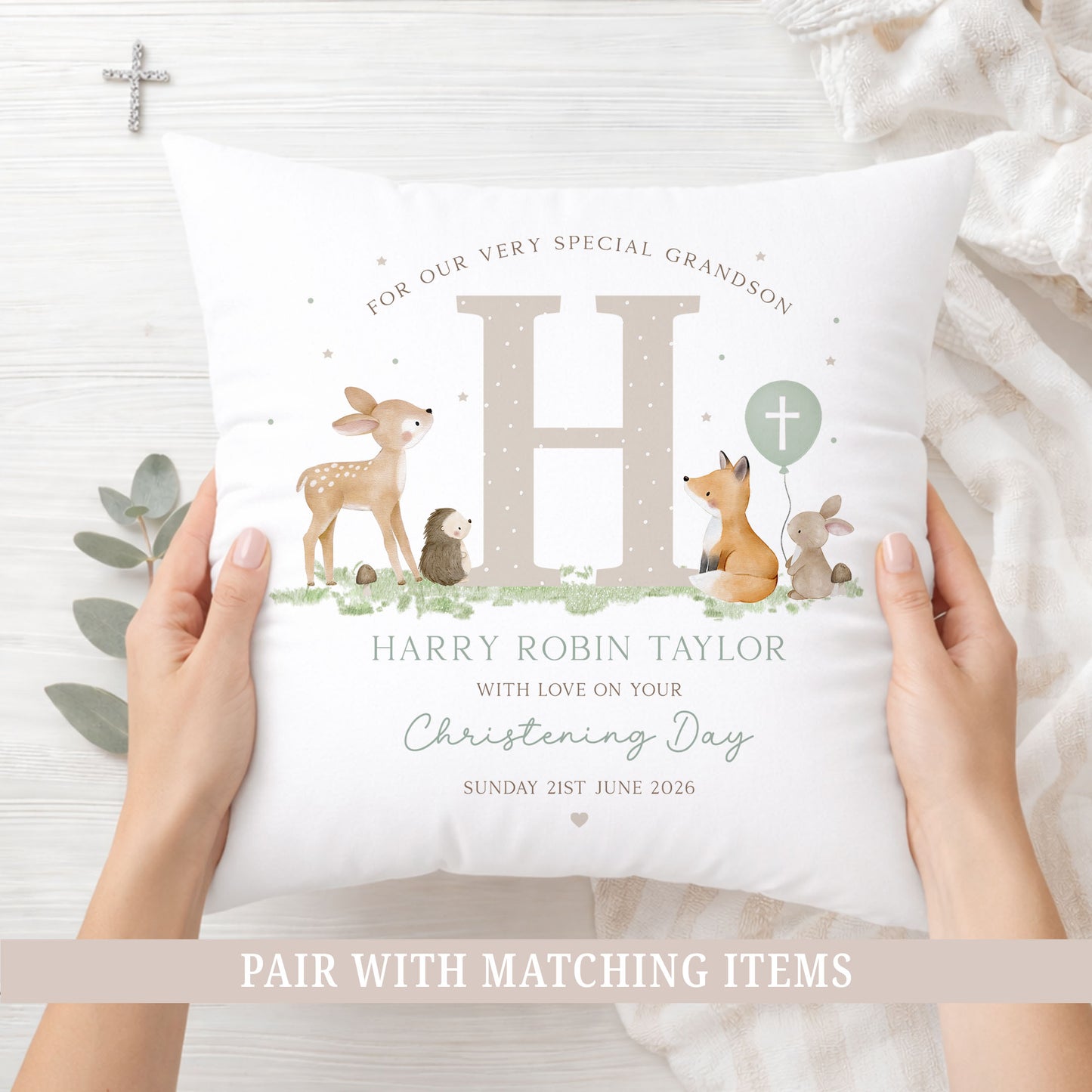 Personalised Boy's Woodland Christening Baptism Cushion
