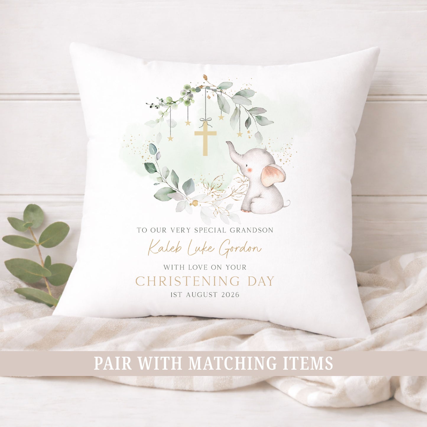 Personalised Green Eucalyptus Elephant Christening Baptism Cushion
