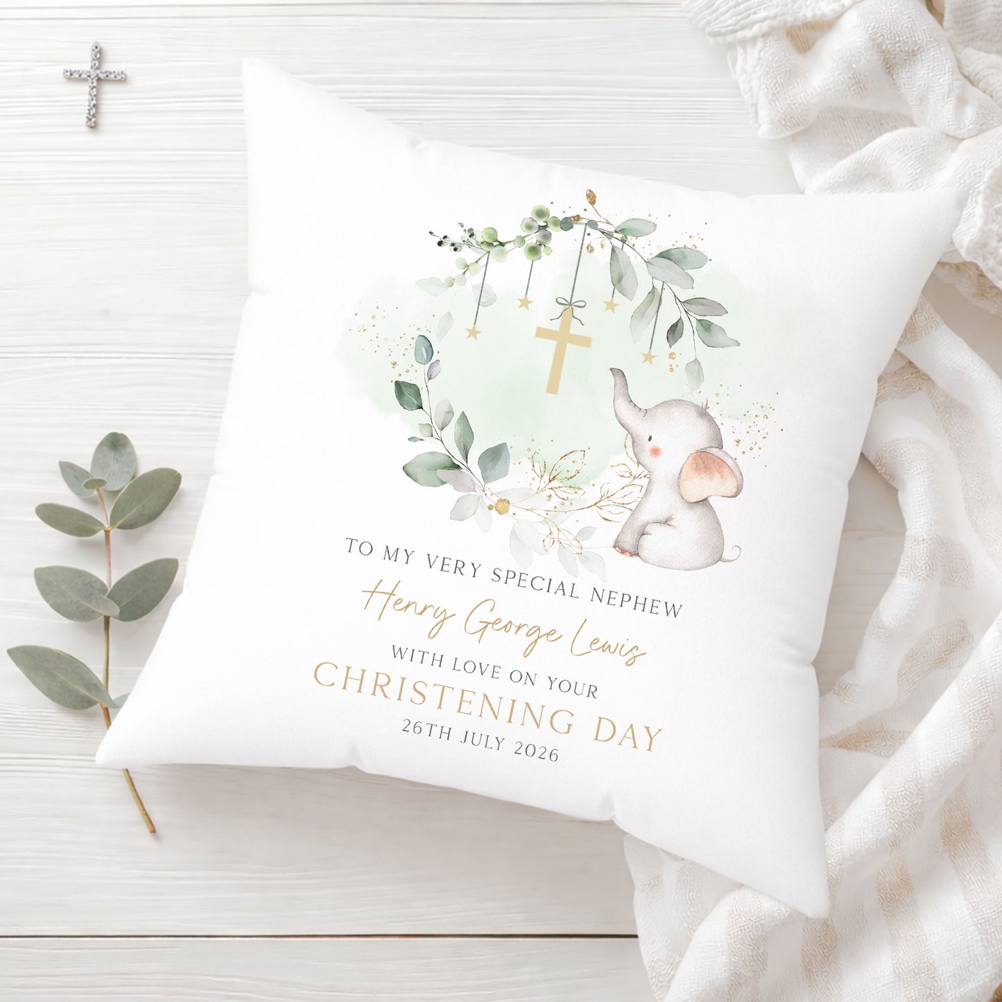 Personalised Green Eucalyptus Elephant Christening Baptism Cushion