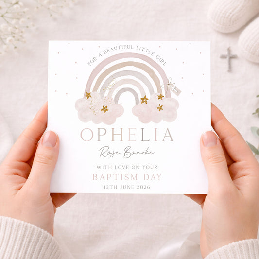 Personalised Girl's Christening, Baptism Card - Pink Rainbow