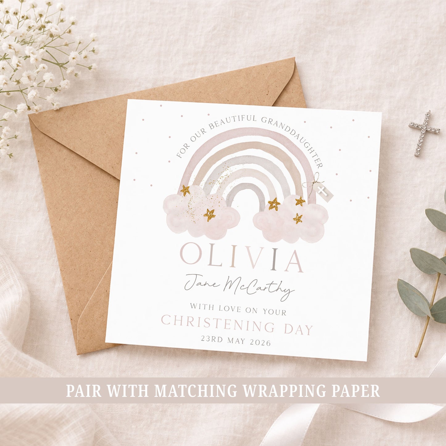 Personalised Pink Rainbow Christening, Baptism Card for Girls