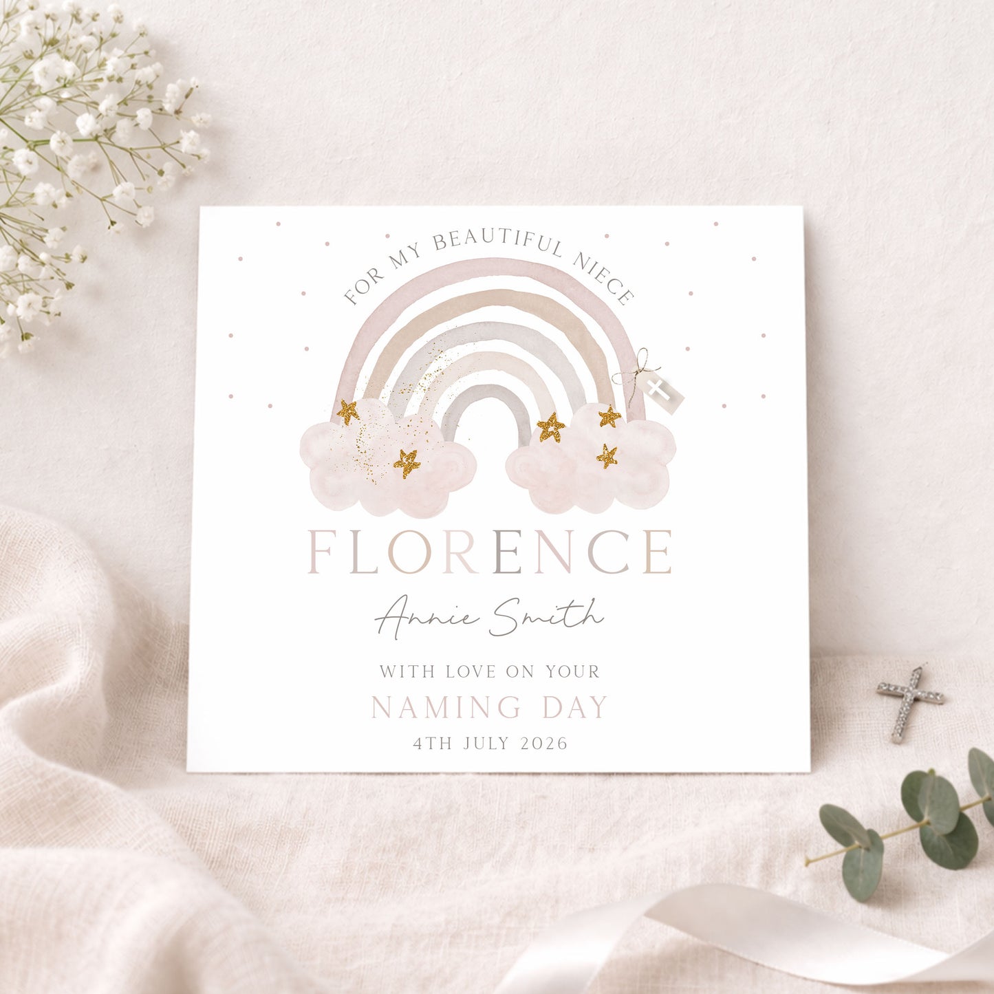 Personalised Girl's Christening, Baptism Wrapping Paper - Pink Rainbow
