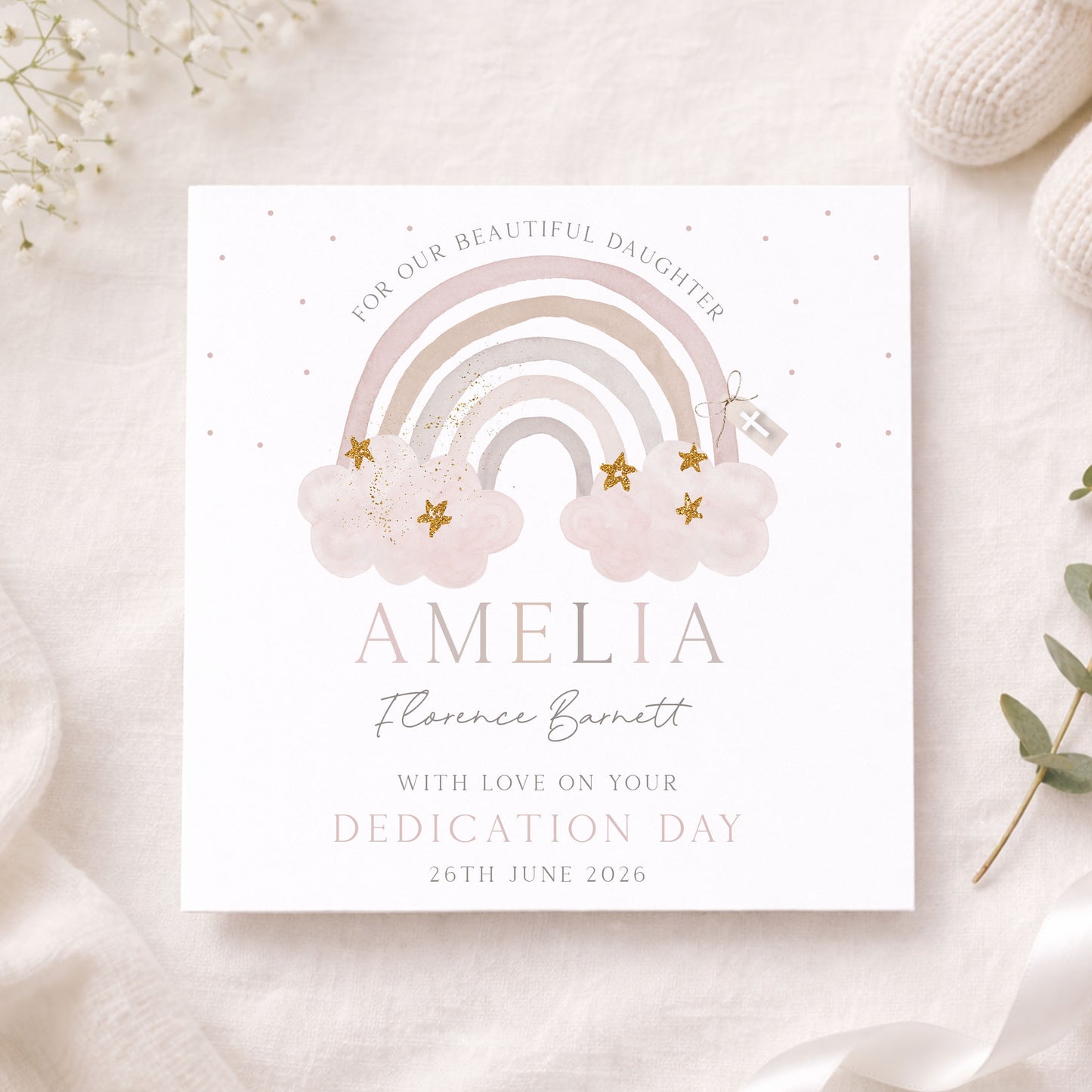 Personalised Pink Rainbow Christening, Baptism Card for Girls