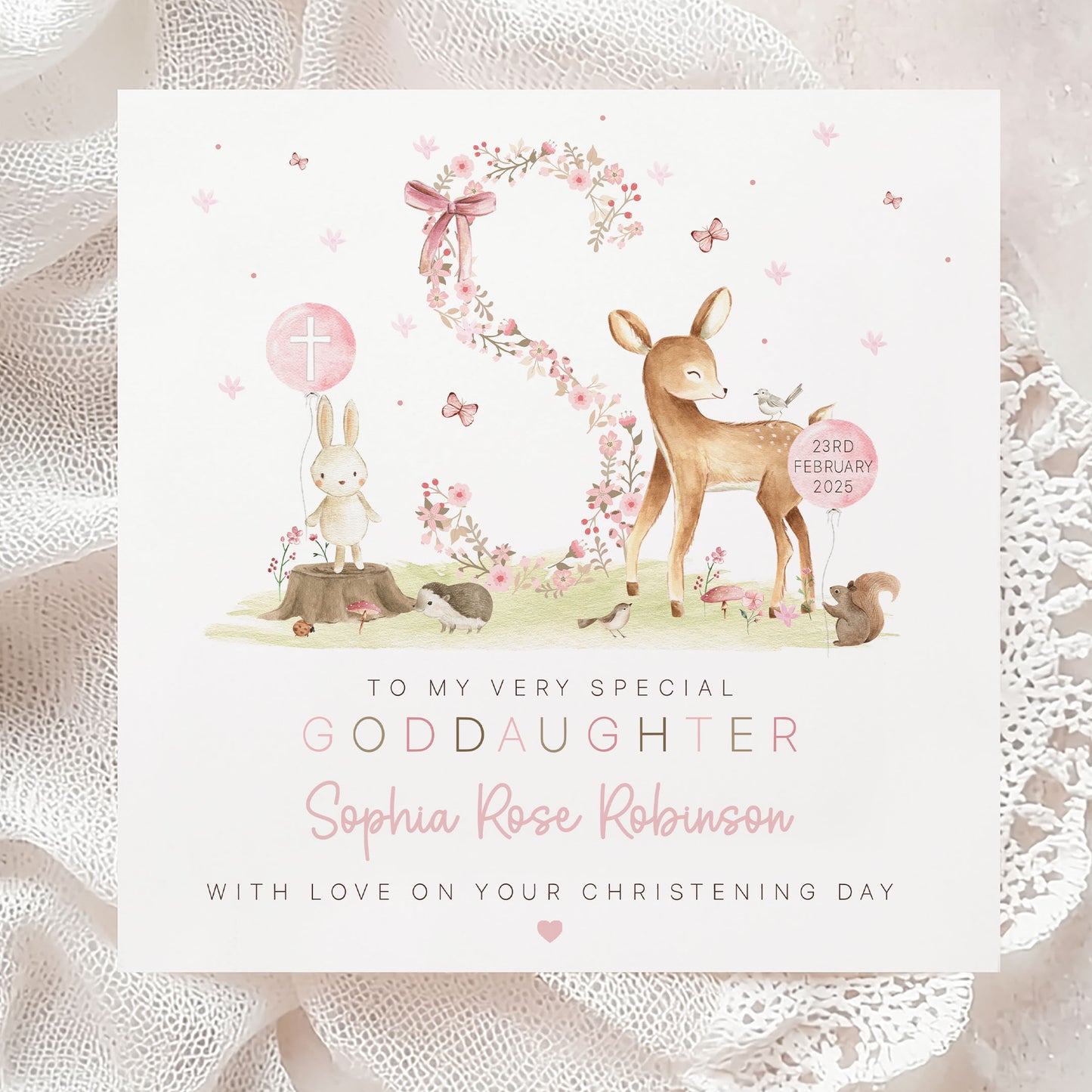 Personalised Girl's Pink Christening Baptism Naming Day Card