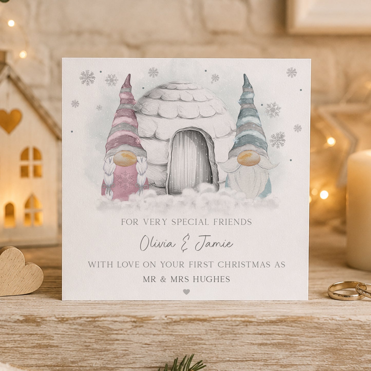 Personalised First Christmas Married Card – Christmas Gnome Couple