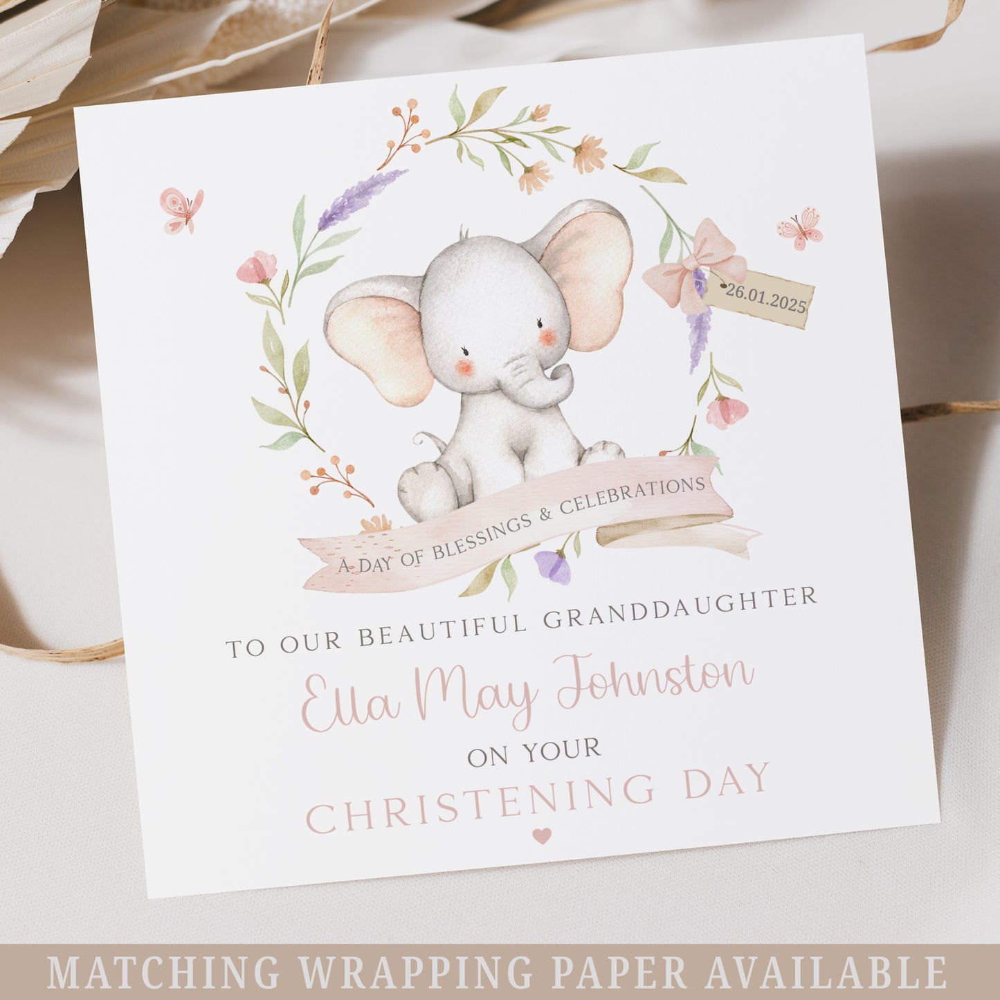 Personalised Girl's Pink Elephant Christening Baptism Naming Day Card