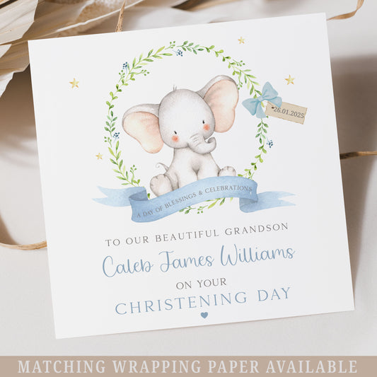 Personalised Boy's Blue Elephant Christening Baptism Naming Day Card