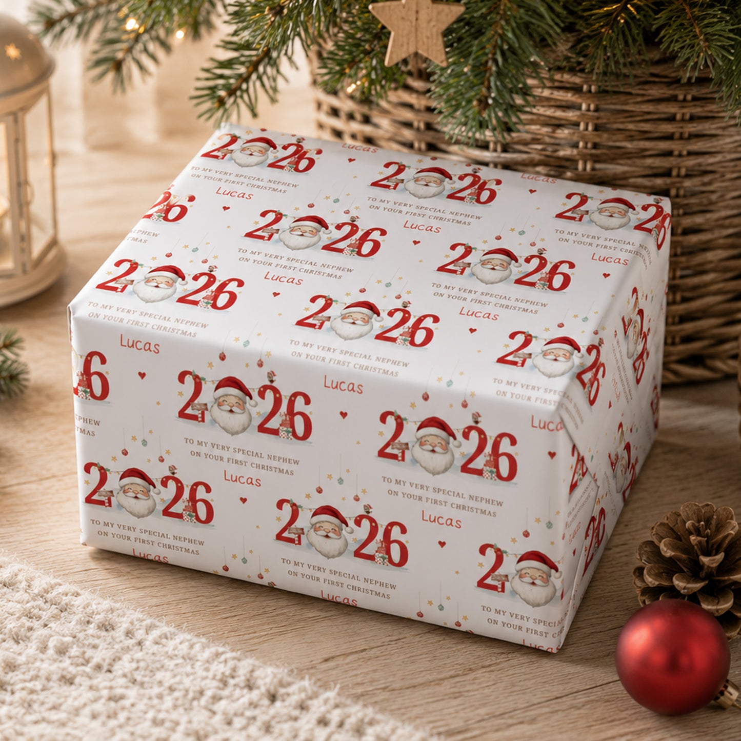 Personalised Nephew First Christmas Wrapping Paper – Santa 2026