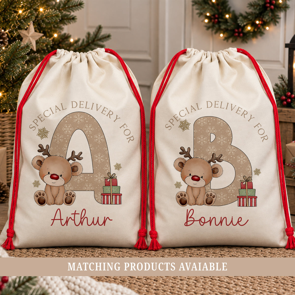 Personalised Christmas sack with a large snowflake patterned initial, cute hand-drawn reindeer, Christmas presents and the child's name printed underneath. Natural poly linen Santa sack with a red drawstring, available in two sizes for boys and girls.