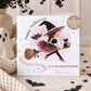 Personalised girls Halloween card featuring a cute witch flying on a broomstick with a black cat and bat against a pink moon, personalised with any name and relation. Available for Daughter, Granddaughter, Niece, Goddaughter and more, with a choice of 8 different girl characters.
