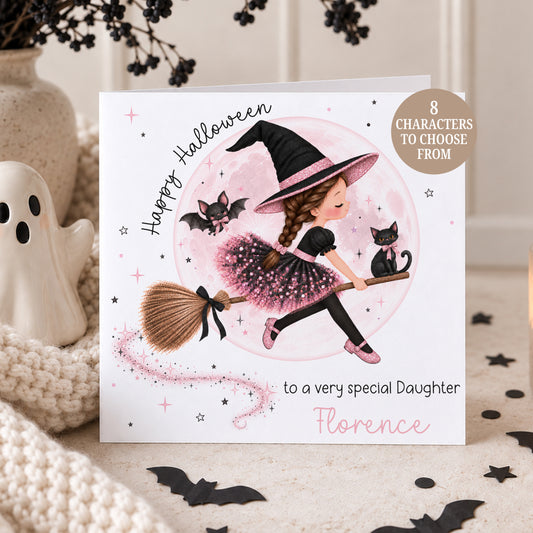 Personalised girls Halloween card featuring a cute witch flying on a broomstick with a black cat and bat against a pink moon, personalised with any name and relation. Available for Daughter, Granddaughter, Niece, Goddaughter and more, with a choice of 8 different girl characters.