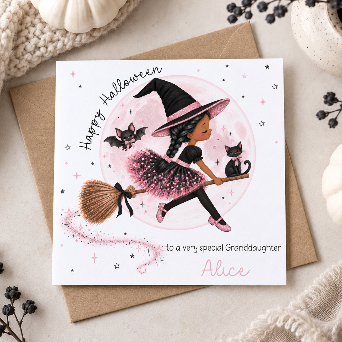 Personalised Girls Halloween Card – Pink Witch