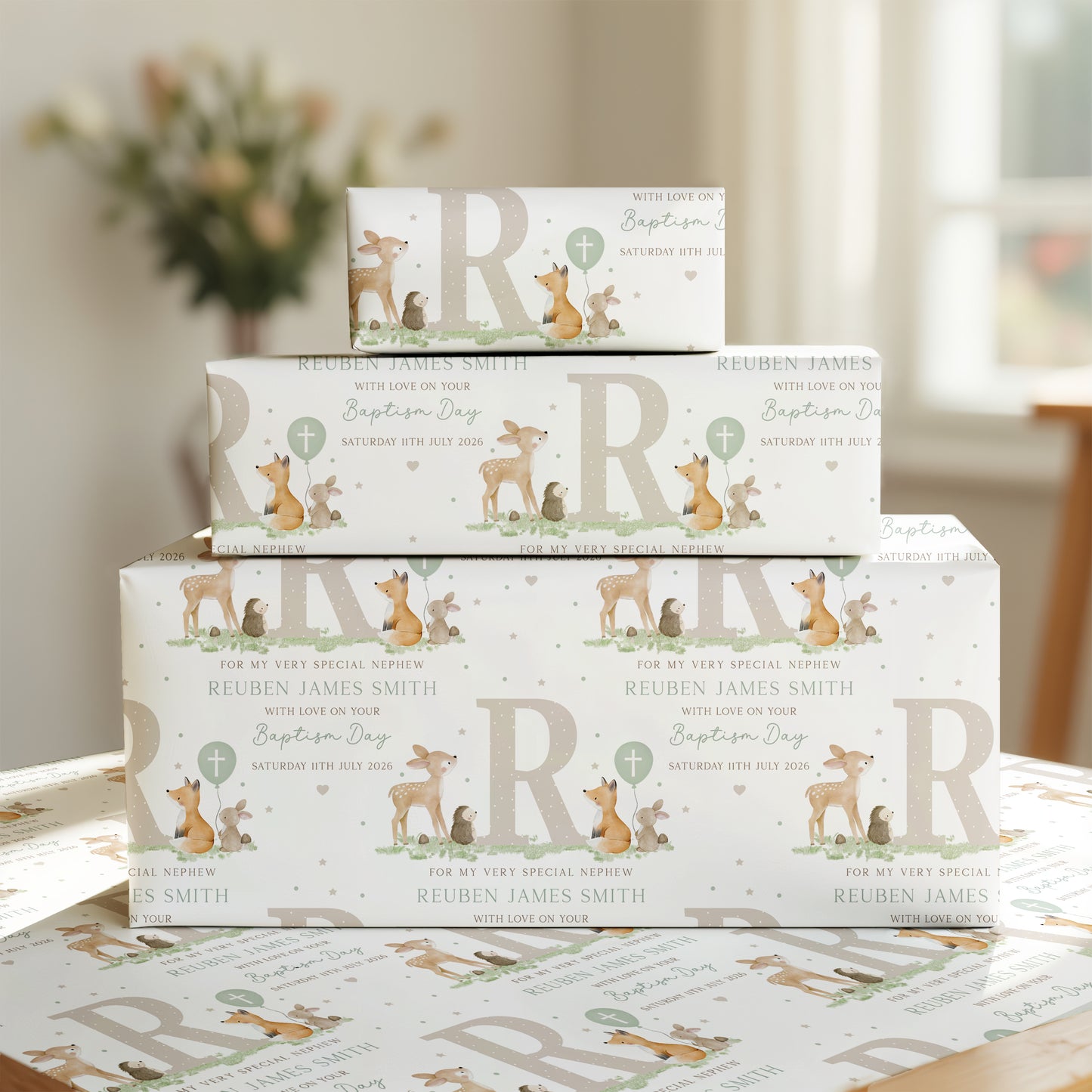 Personalised Boy's Woodland Christening Baptism Day Wrapping Paper