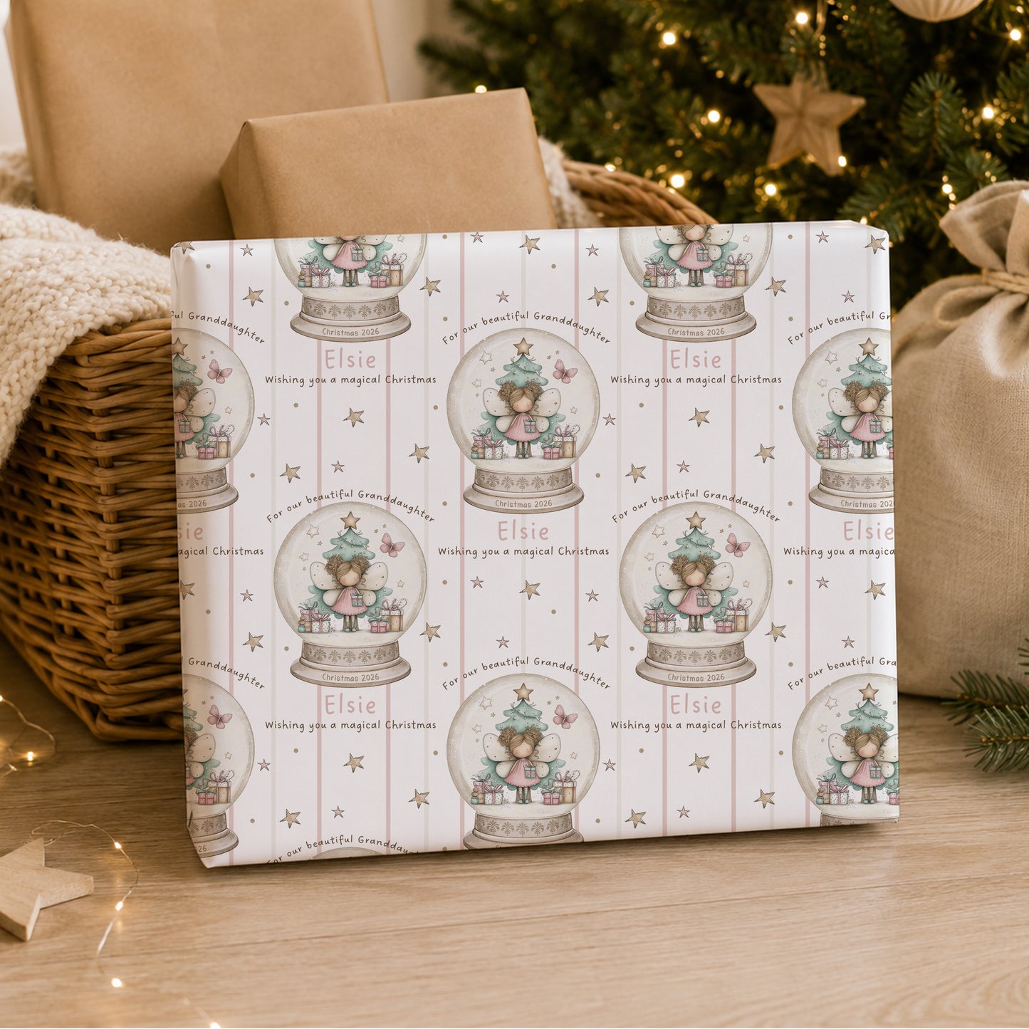 Personalised Fairy Christmas Wrapping Paper – Snow Globe Design