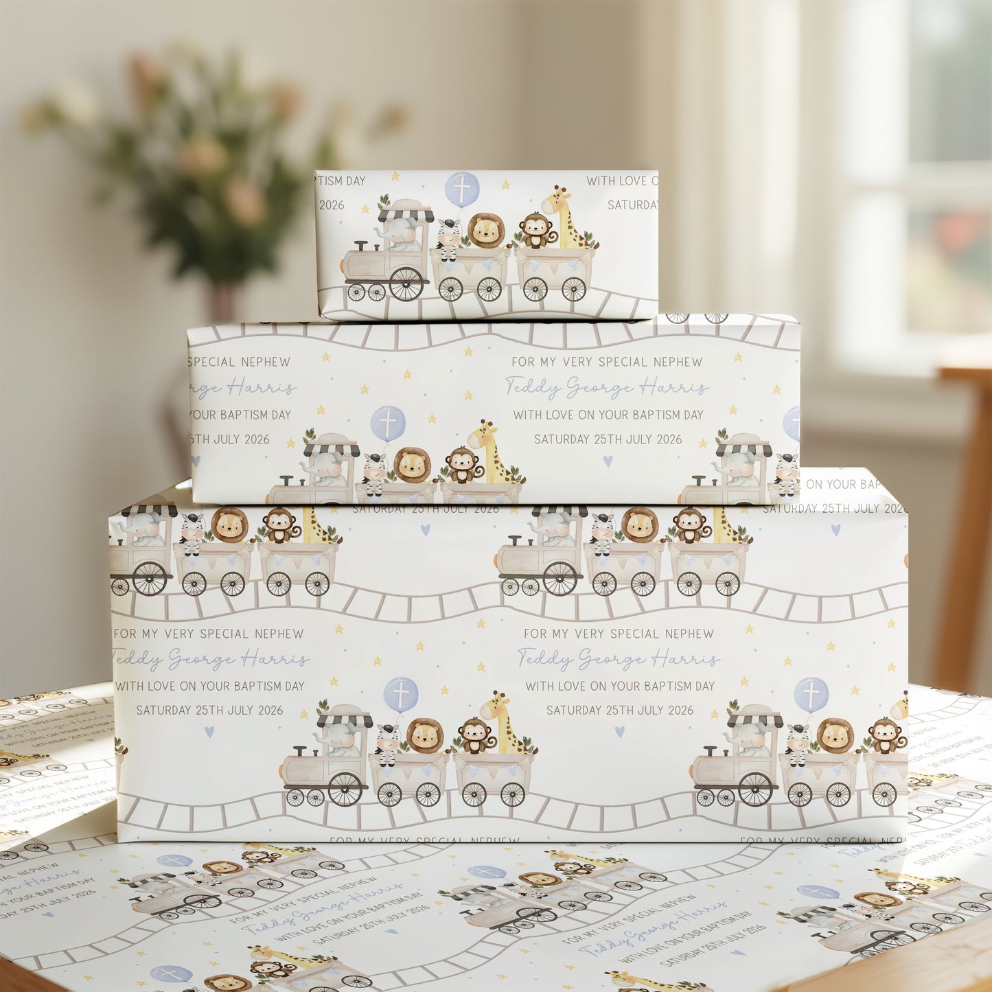 Personalised Son Christening, Baptism Card - Safari Train