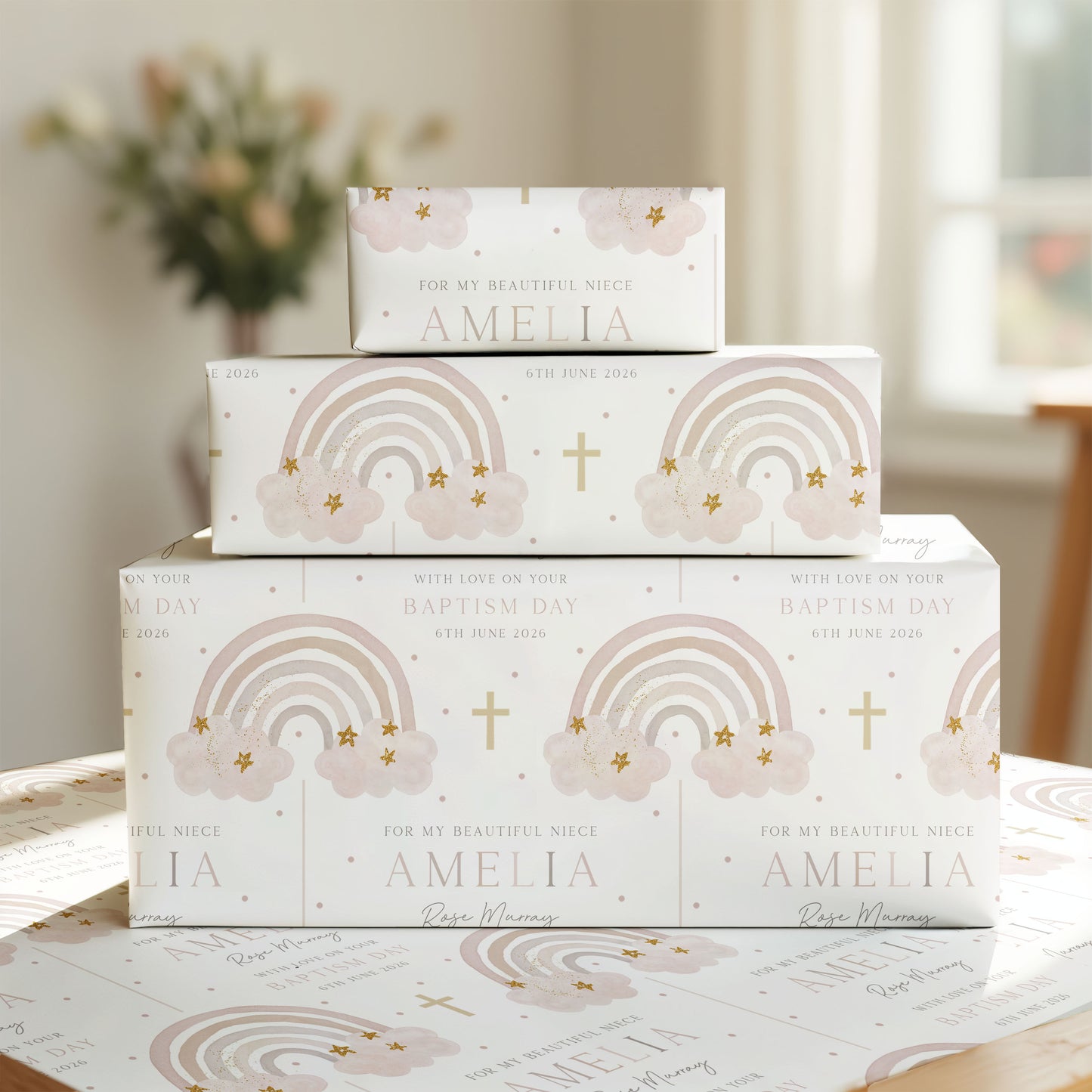 Personalised Girl's Christening, Baptism Wrapping Paper - Pink Rainbow