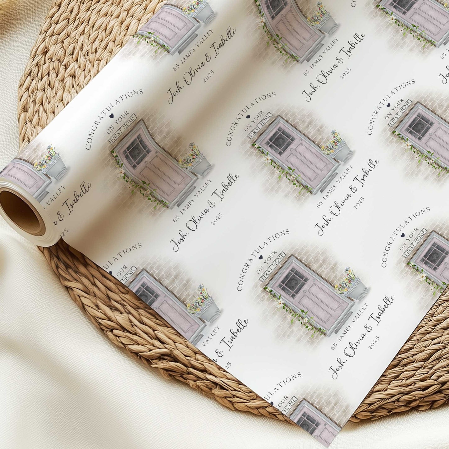 Personalised new home wrapping paper with front door design, names and address details