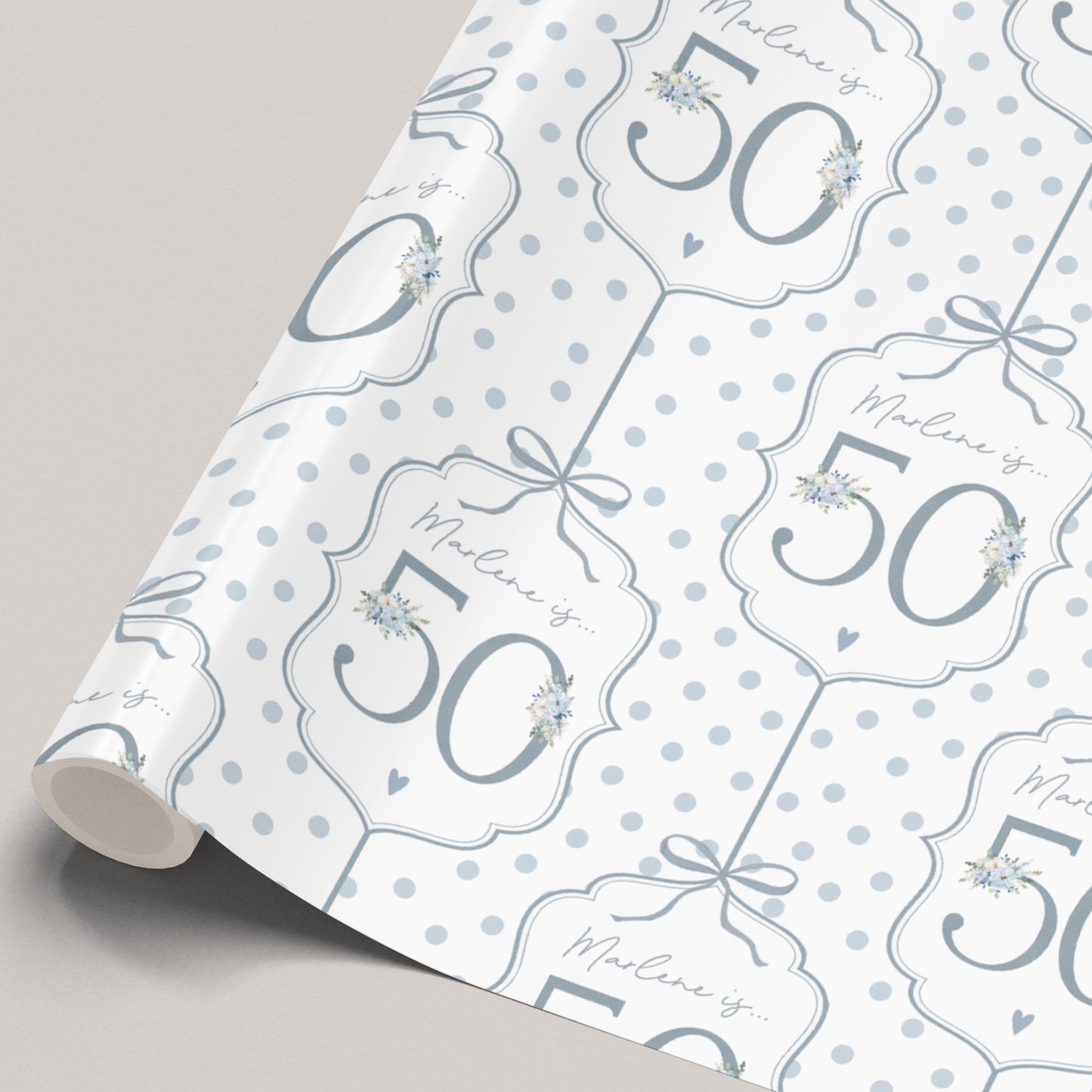 Personalised 50th Birthday Blue Floral Number Wrapping Paper