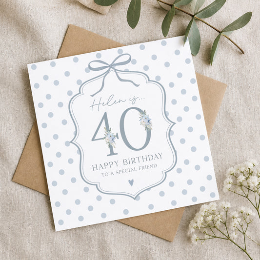 Personalised 40th Birthday Blue Floral Number Card