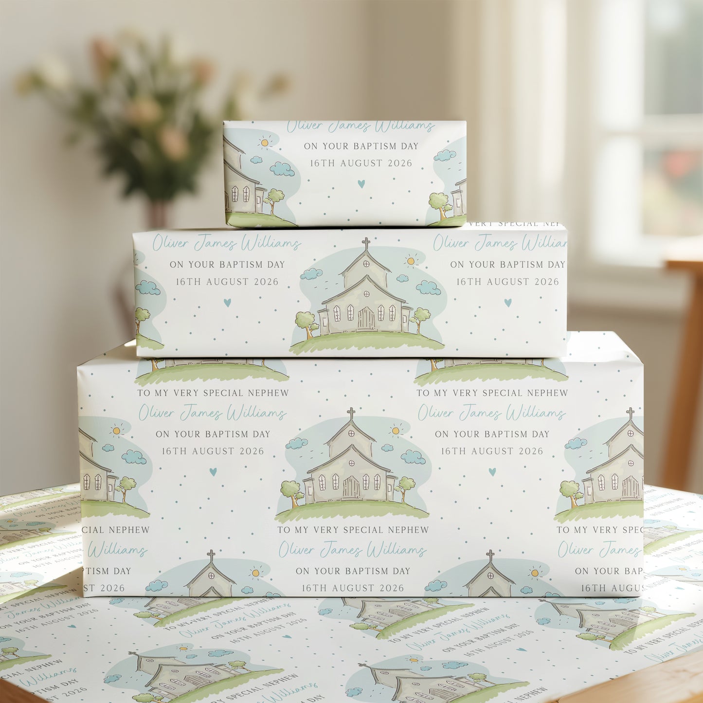 Personalised Boys Christening, Baptism, Dedication Card - Blue Church