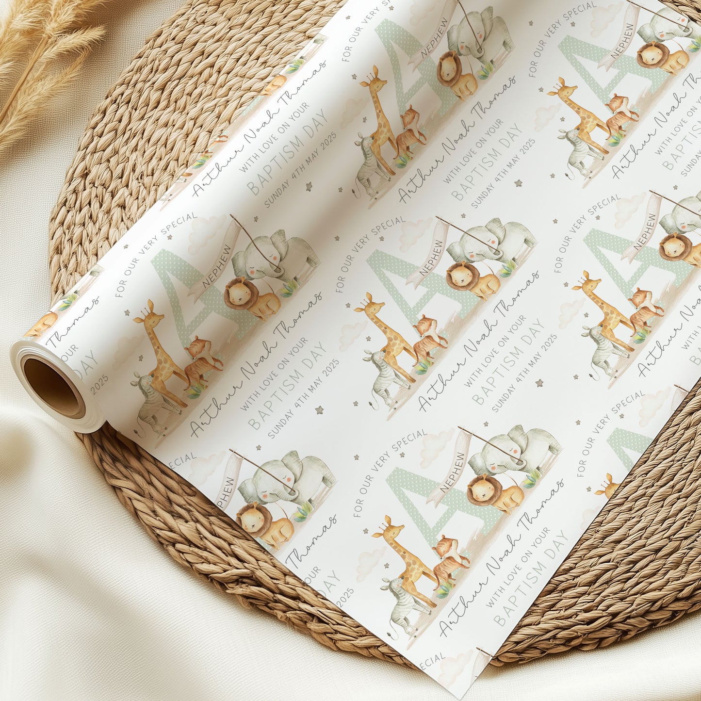 Personalised Green Safari Christening Naming Day Wrapping Paper