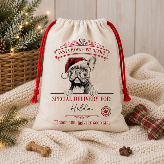 Personalised dog Christmas sack featuring a festive dog in a Santa hat, personalised with the dog's name and available in a choice of dog breeds.