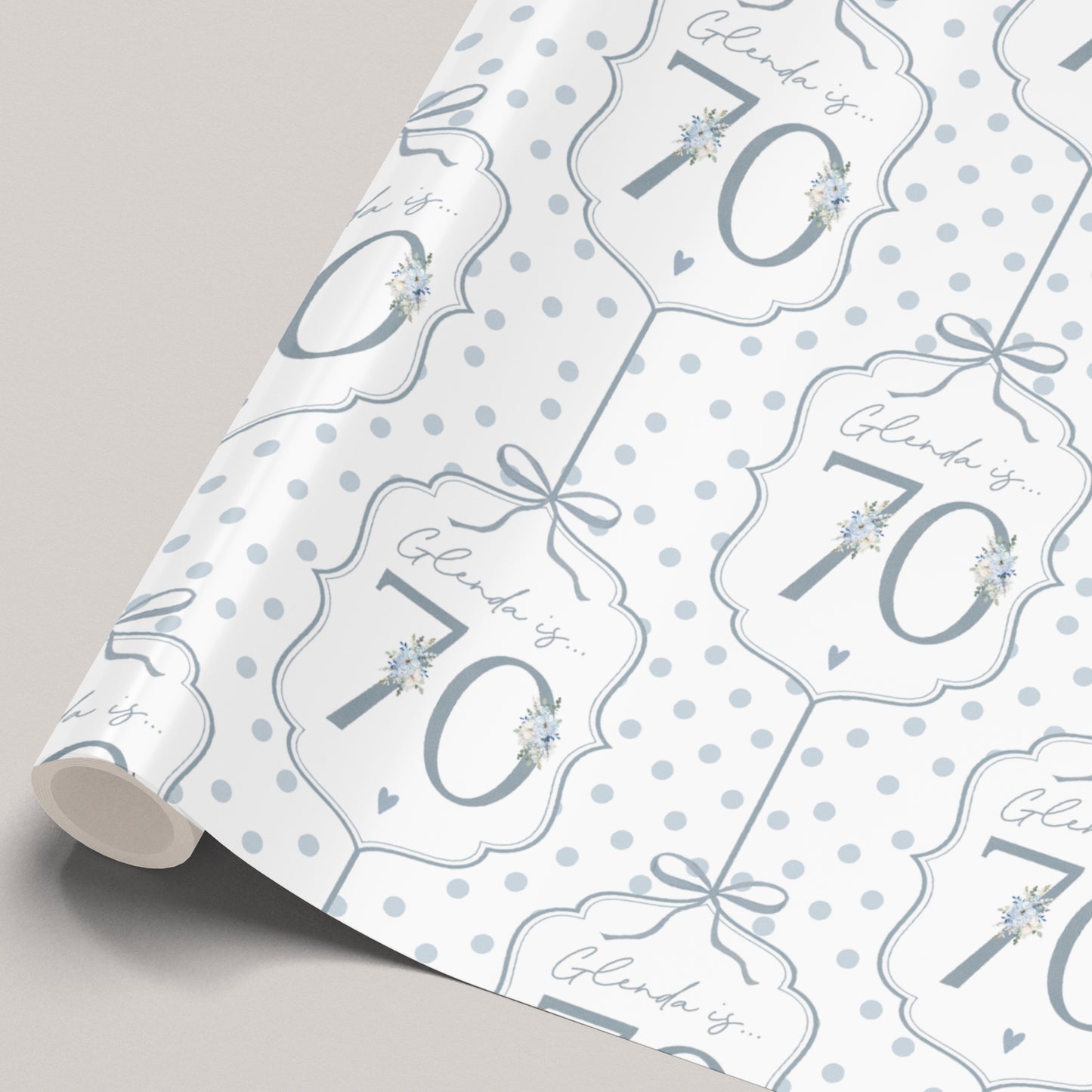 Personalised 70th Birthday Blue Floral Number Wrapping Paper