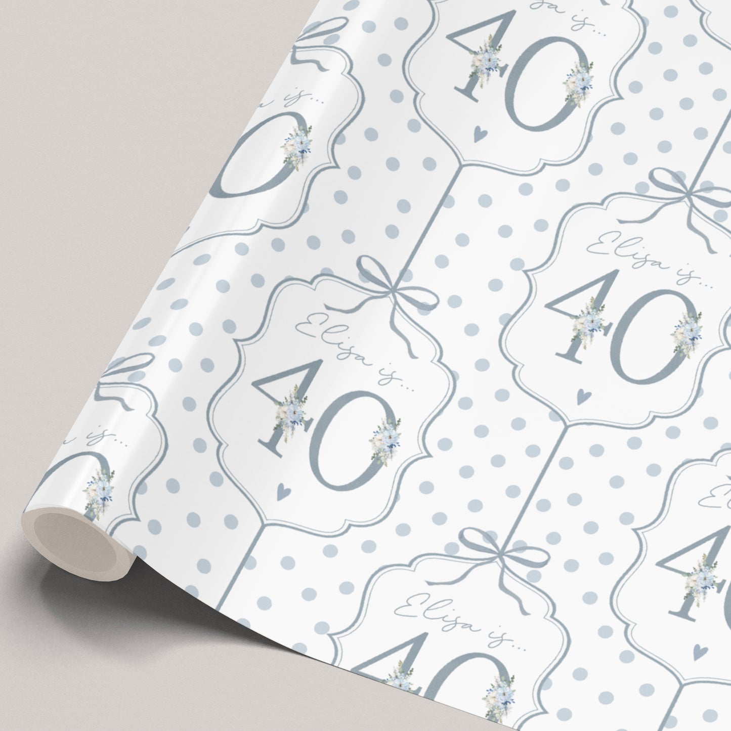 Personalised 40th Birthday Blue Floral Number Wrapping Paper