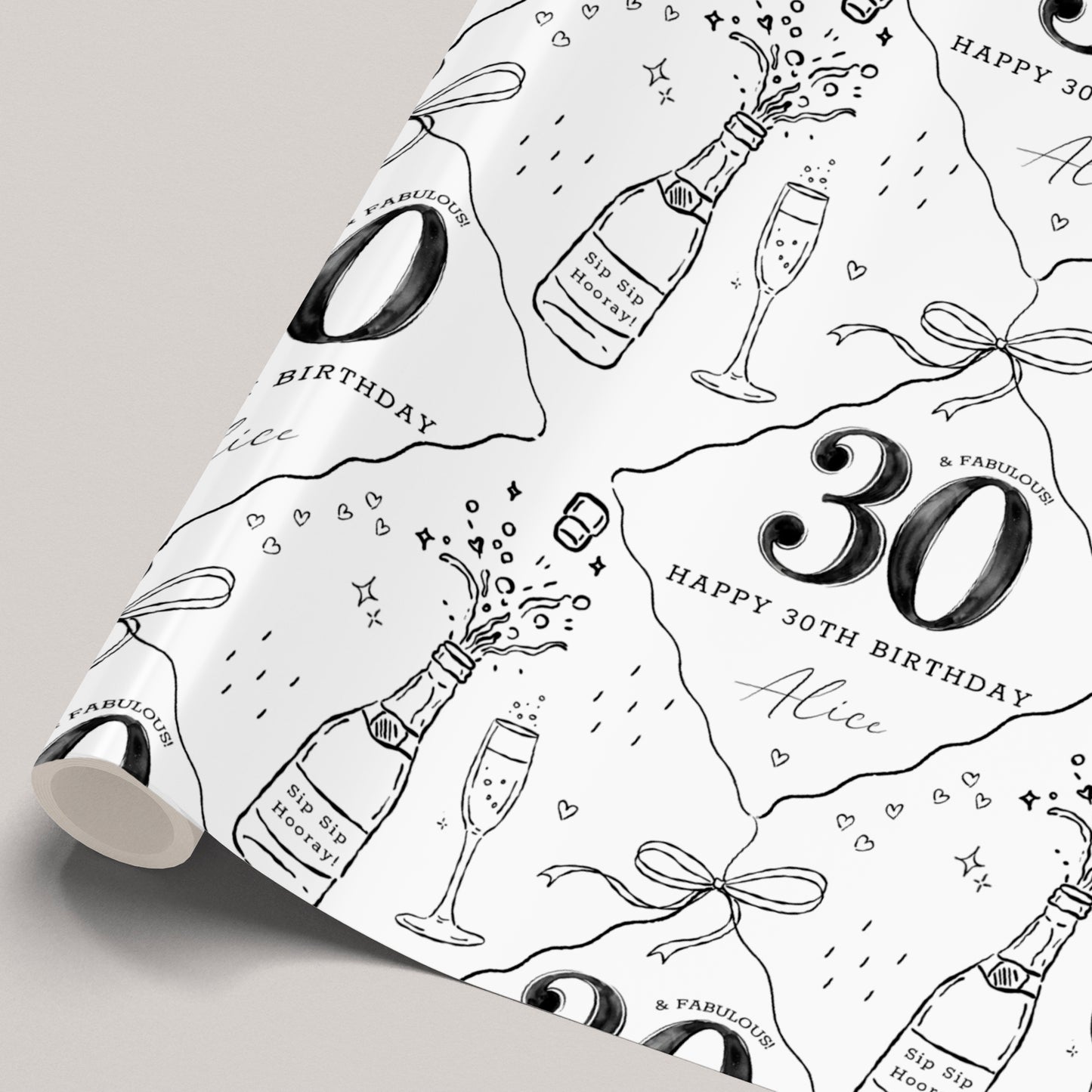 Personalised Black & White 30th Birthday Wrapping Paper