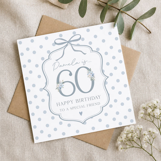 Personalised 60th Birthday Blue Floral Number Card