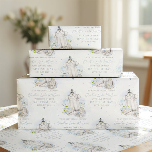 Personalised Boy's Blue Christening Baptism Day Wrapping Paper
