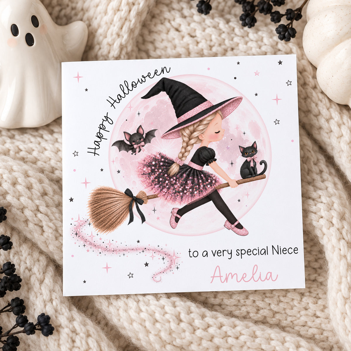 Personalised Girls Halloween Card – Pink Witch