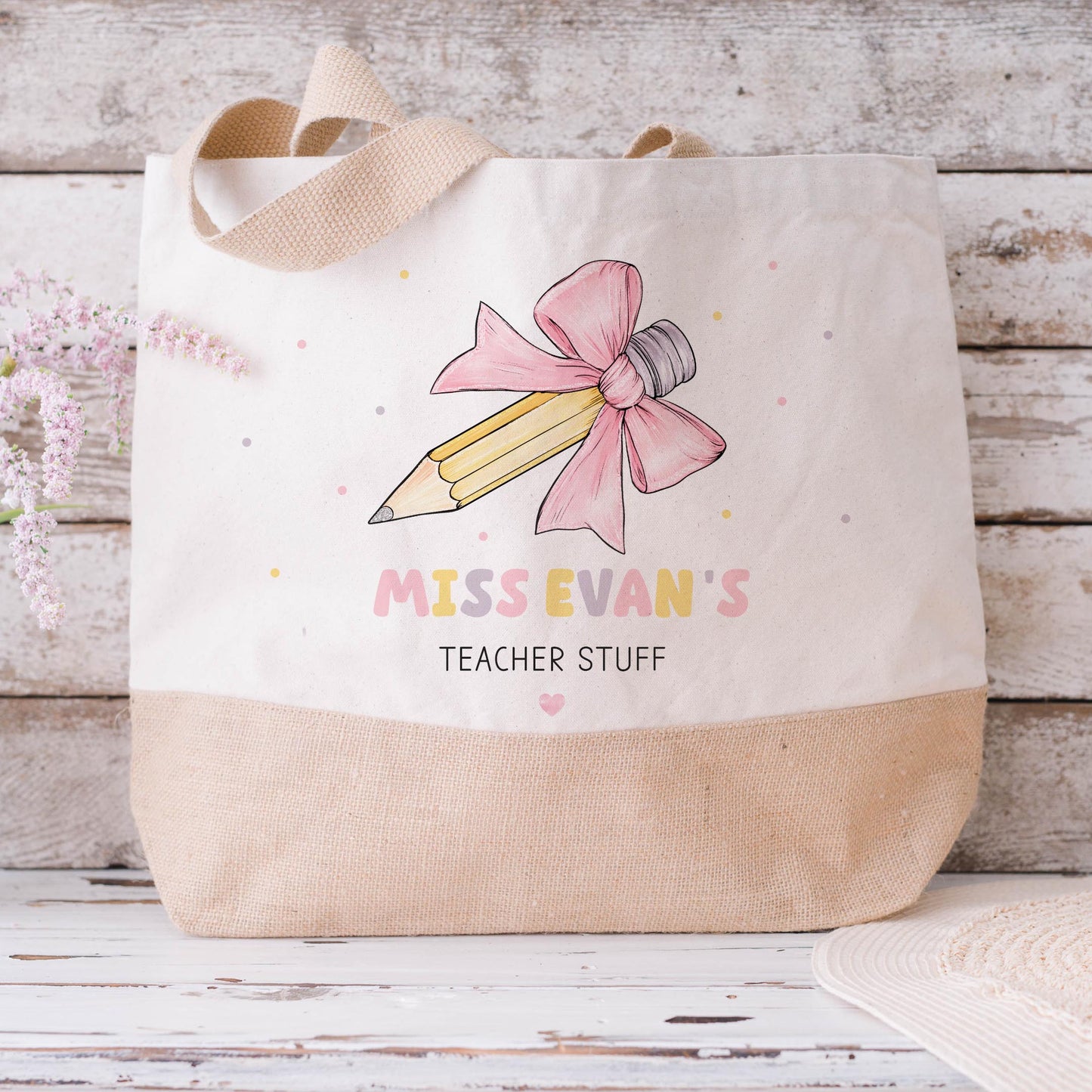 Personalised Teacher Pink Pencil Jute Tote Bag