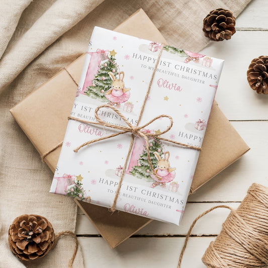 Personalised Girl's First Christmas Pink Gift Wrapping Paper