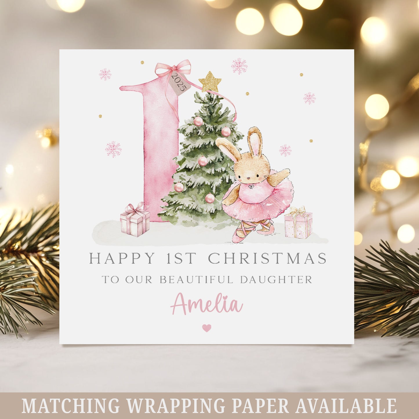 Personalised Baby Girl's Pink First Christmas Card