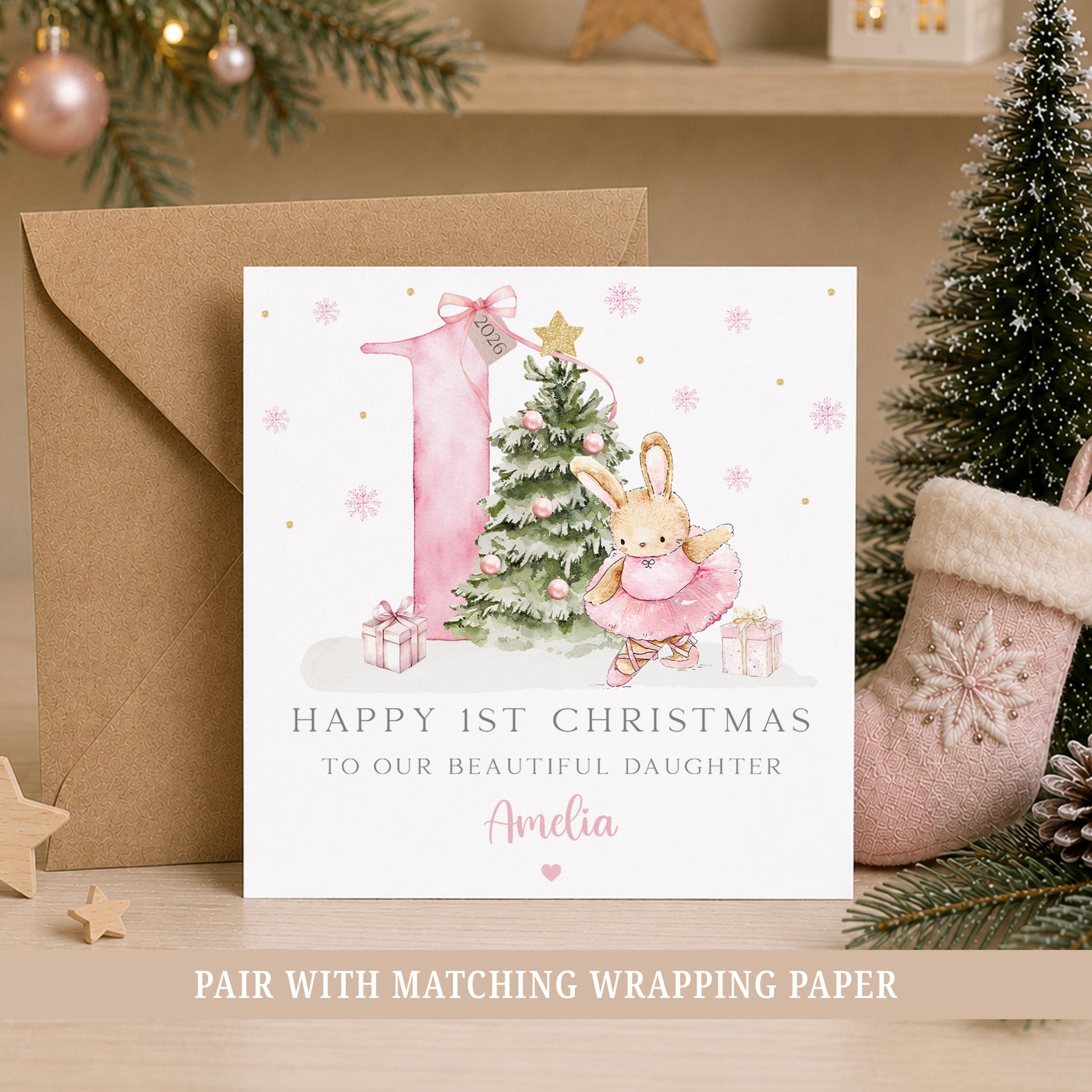 Personalised Daughter First Christmas card with pink ballerina bunny, Christmas tree and large number one, customised with her name.