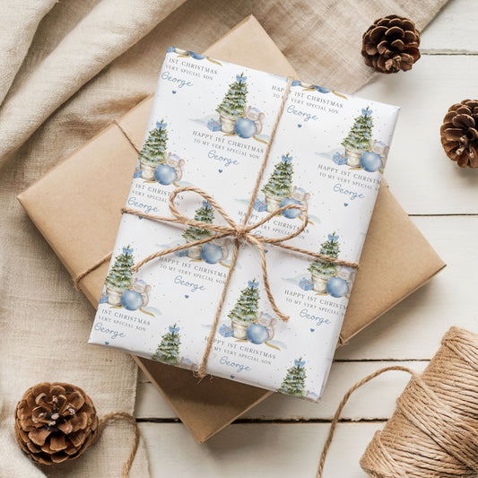Personalised Boy's First Christmas Cute Mouse Gift Wrapping Paper