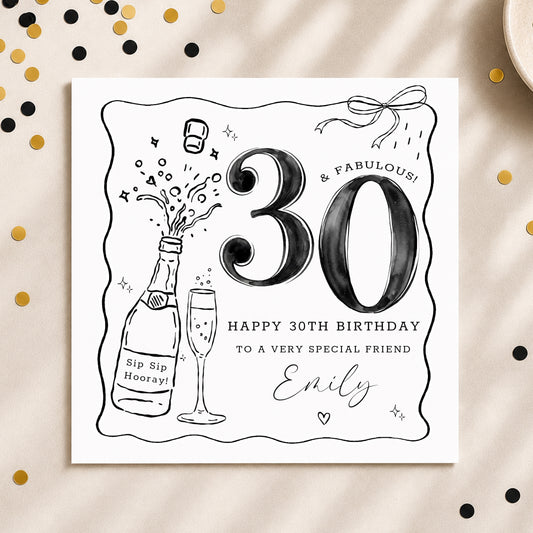 Personalised Black & White 30th Birthday Card